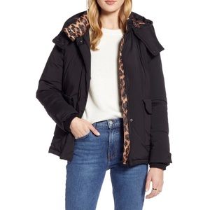 Halogen Black Leopard Contrast Puffer Winter Coat Mock Neck Removable Hood Small